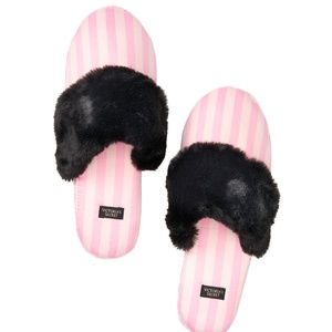 VICTORIA'S SECRET Pink Striped Fur Satin Slippers